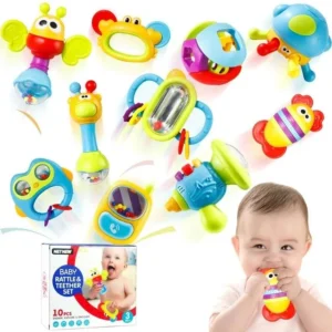 10 hochets avec anneaux de dentition pour le développement de la motricité et du suivi visuel – cadeau de naissance